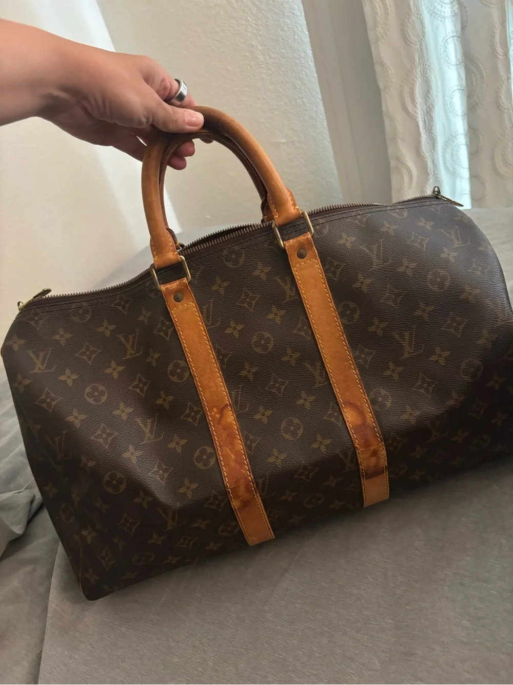 Louis Vuitton Brown Monogram Canvas Duffel with Tan Leather Trim